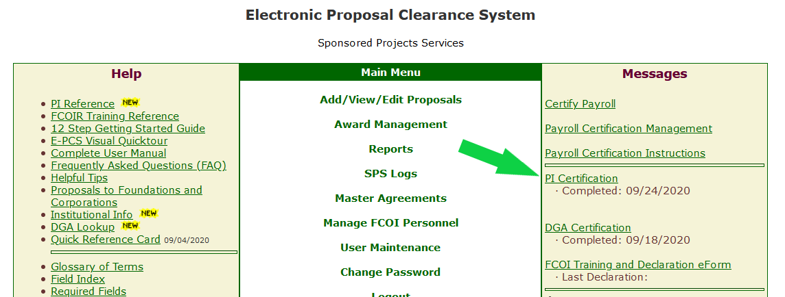 E P C S portal with an arrow pointing to the P I certification link.