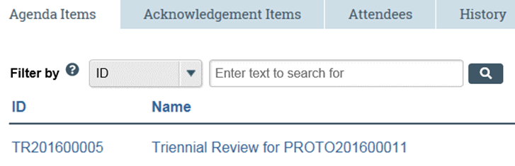 From the agenda items tab, the submission can be accessed by clicking on the the submission ID link.