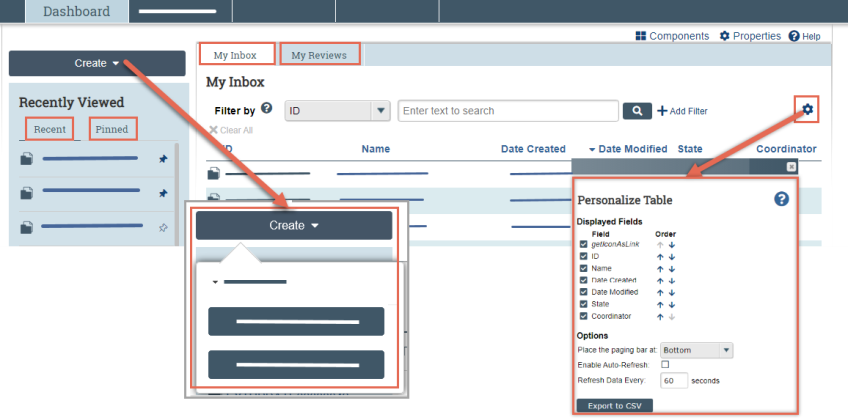 Screenshot of the Huron dashboard showing where the create button is