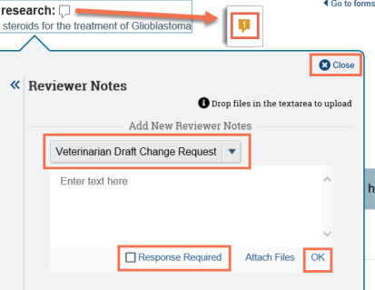 The note icon in the submission workspace can be expanded to reveal notes from the reviewer.