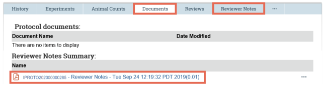 Notes for an approved submission can be found as a tab in the parent protocol's workspace.