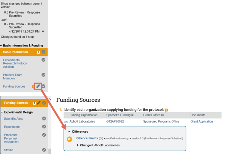 Screenshot of RAP showing the location of the differences note