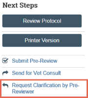 The request clarification link is located under the Next Steps menu.