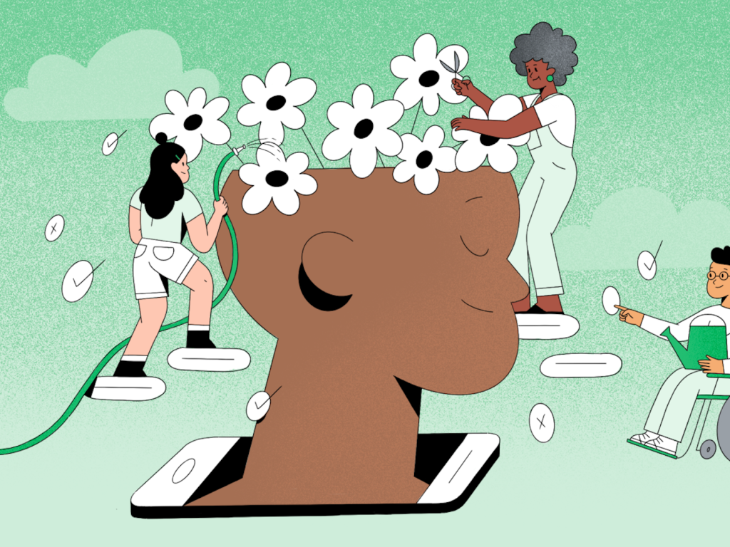 Cartoon image of a head growing flowers and three people maintaining them.