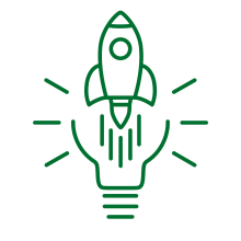 Lightbulb and rocket ship icon.