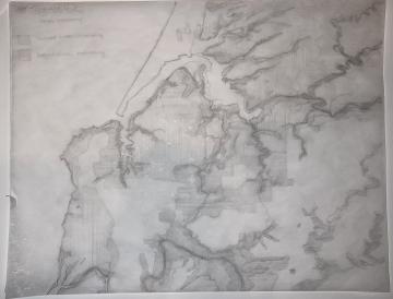 An overdrawing of the Coos Bay estuary indicating where areas were logged, burned, or cultivated.