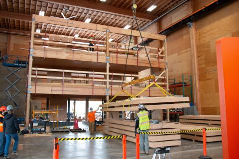 Workers do lateral-force-resisting (seismic) research and testing project in the Emmerson Lab at OSU